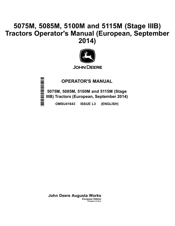 John Deere 5075M, 5085M, 5100M, 5115M Stage IIIB) Tractors (European, September 2014) Operator's Manual (OMSU41643)