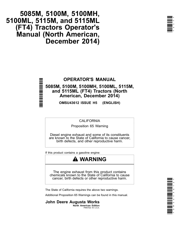 John Deere 5085M, 5100M, 5100MH, 5100ML, 5115M & 5115ML Tractors (FT4 Engines) (Mfg in USA) Operator's Manual (OMSU43612)