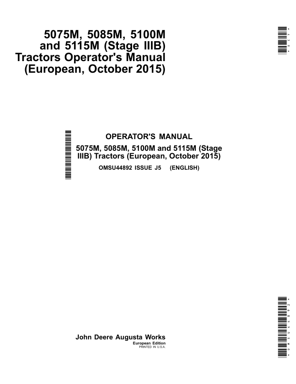 John Deere 5075M, 5085M, 5100M & 5115M Tractors (FT4 Engines) (Mfg in USA) Operator's Manual (OMSU44892)
