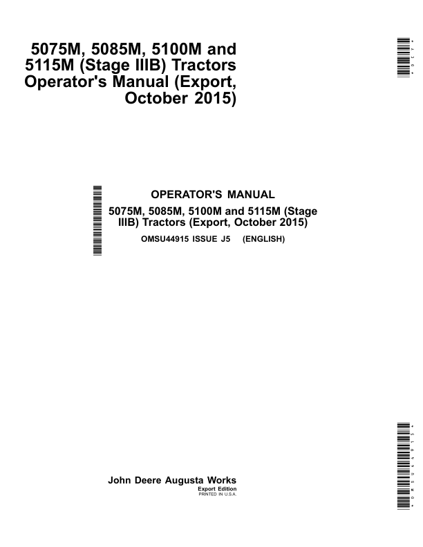 John Deere 5075M, 5085M, 5100M & 5115M Tractors (FT4 Engines) (Mfg in USA) Operator's Manual (OMSU44915)