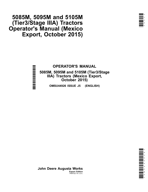 John Deere 5085M, 5095M & 5105M(Stage IIIA) Tractors Mexico Edition (October 2015) Operator's Manual (OMSU44926)