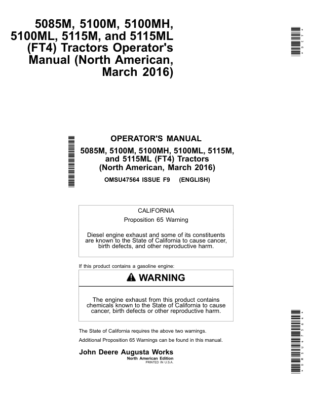 John Deere 5085M, 5100M, 5100MH, 5100ML, 5115M, 5115ML (FT4) Tractors Operator's Manual (OMSU47564)