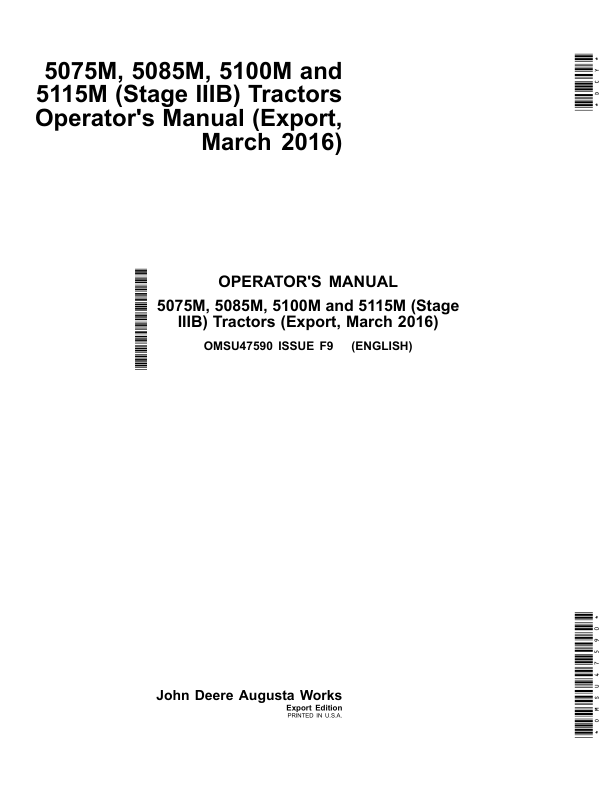 John Deere 5075M, 5085M, 5100M, 5115M (Stage IIIB) Tractors Operator's Manual (OMSU47590)
