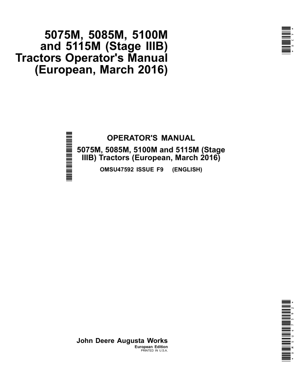 John Deere 5075M, 5085M, 5100M, 5115M (Stage IIIB) Tractors Operator's Manual (OMSU47592)