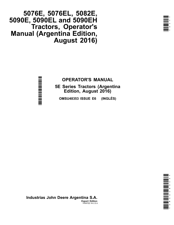 John Deere 5076E, 5076EL, 5082E, 5090E, 5090EL & 5090EH Tractors (Argentina Edition) Operator's Manual (OMSU48353)