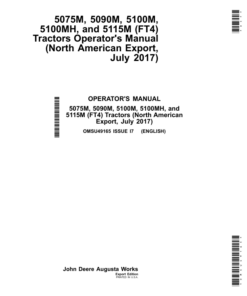 John Deere 5075M, 5090M, 5100M, 5100MH & 5115M (FT4) Tractors Operator's Manual (OMSU49165)