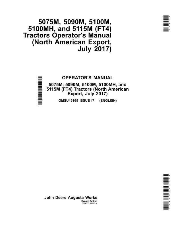 John Deere 5075M, 5090M, 5100M, 5100MH & 5115M (FT4) Tractors Operator's Manual (OMSU49165)