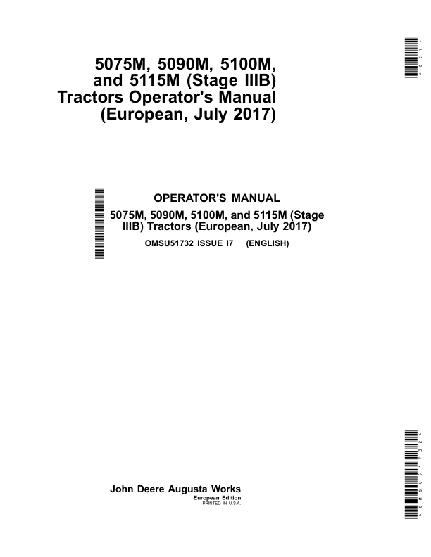 John Deere 5075M, 5090M, 5100M & 5115M (Stage IIIB) Tractors Operator's Manual (OMSU51732)