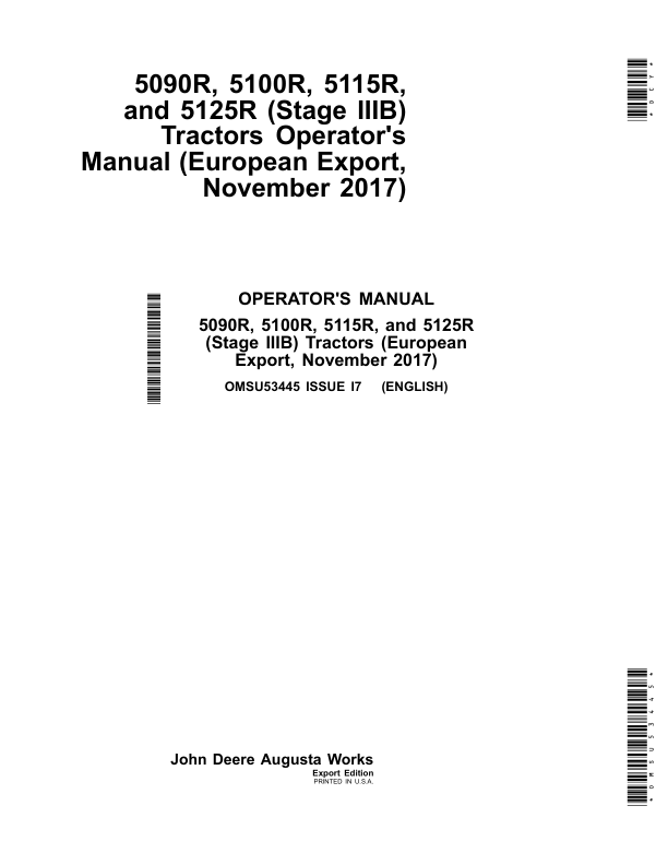 John Deere 5090R, 5100R, 5115R & 5125R (Stage IIIB) Tractors Exp w/ Euro Configurations Operator's Manual (OMSU53445)