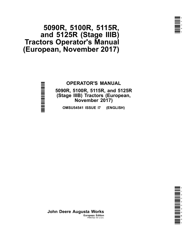 John Deere 5090R, 5100R, 5115R & 5125R (Stage IIIB) Tractors Operator's Manual (OMSU54541)