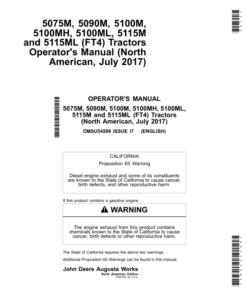 John Deere 5075M, 5090M, 5100M, 5100MH, 5100ML, 5115M & 5115ML (FT4) Tractors Operator's Manual (OMSU54598)