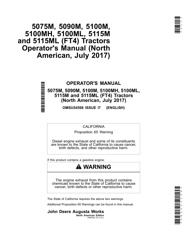 John Deere 5075M, 5090M, 5100M, 5100MH, 5100ML, 5115M & 5115ML (FT4) Tractors Operator's Manual (OMSU54598)