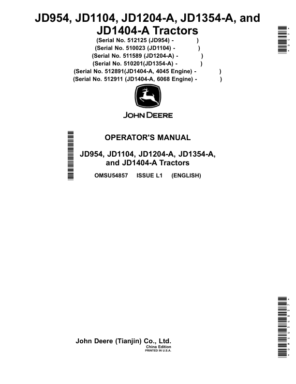 John Deere JD954, JD1104, JD1204-A, JD1354-A, JD1404-A Tractors. (China Edition) Operator's Manual (OMSU54857)