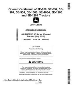 John Deere 5E-850, 5E-854, 5E-904, 5E-954, 5E-1000, 5E-1004, 5E-1200, 5E-1204 Tractors Operator's Manual (OMSU55601)