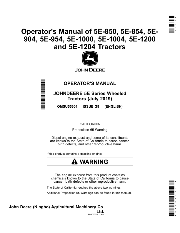 John Deere 5E-850, 5E-854, 5E-904, 5E-954, 5E-1000, 5E-1004, 5E-1200, 5E-1204 Tractors Operator's Manual (OMSU55601)