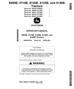 John Deere 6095B (500185-), 6110B (500643-), 6120B (500017-), 6135B (530161-), 6140B (500012-) Tractors Operator's Manual (OMSU59780)