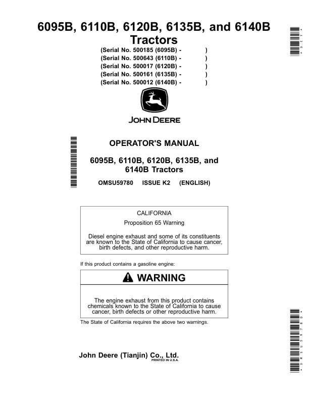John Deere 6095B (500185-), 6110B (500643-), 6120B (500017-), 6135B (530161-), 6140B (500012-) Tractors Operator's Manual (OMSU59780)