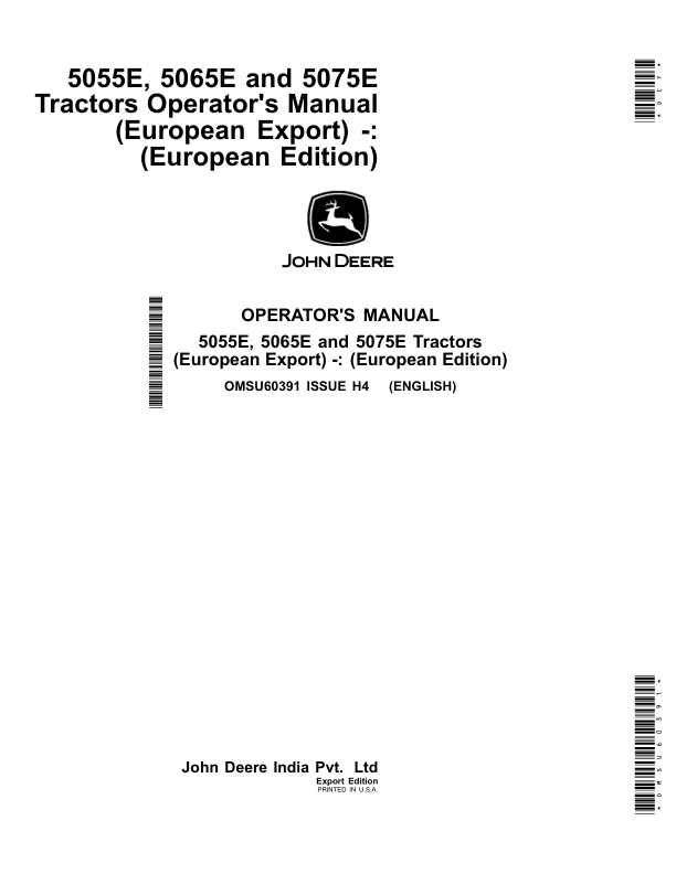 John Deere 5055E, 5065E, 5075E Tractors (European Export) (European Edition) Operator's Manual (OMSU60391)