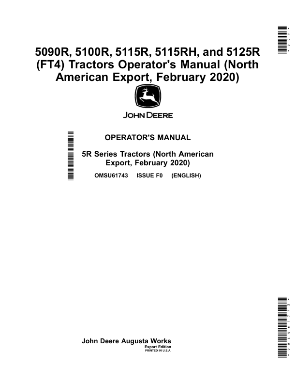 John Deere 5090R, 5100R, 5115R, 5115RH, 5125R (FT4) Tractors (Export w/North American configuration) (February 2020-) Operator's Manual (OMSU61743)