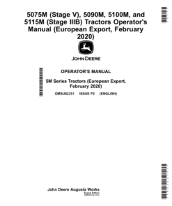 John Deere 5075M (Stage V), 5090M, 5100M, 5115M (Stage IIIB) Tractors (Export w/European Configuration) (February 2020-) Operator's Manual (OMSU62351)