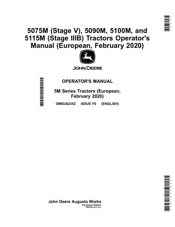 John Deere 5075M (Stage V), 5090M, 5100M, 5115M (Stage IIIB) Tractors (February 2020-) Operator's Manual (OMSU62352)