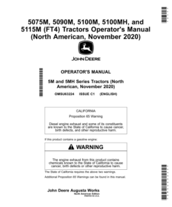 John Deere 5075M, 5090M, 5100M, 5100MH, 5115M (FT4) Tractors (November 2020-) (North America) Operator's Manual (OMSU63224)