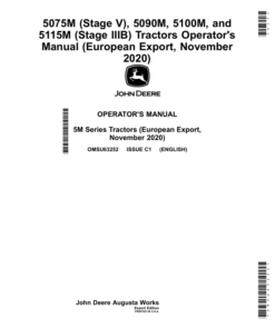John Deere 5075M (Stage V), 5090M, 5100M, 5115M (Stage IIIB) Tractors (November 2020-) (Export w/European Configuration) Operator's Manual (OMSU63252)