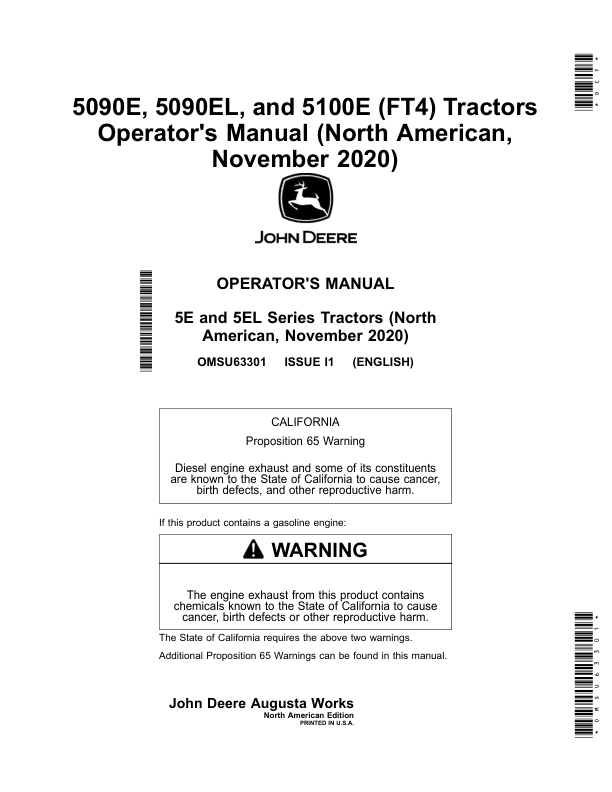 John Deere 5090E, 5090EL, 5100E (FT4) Tractors (November 2020-) (North American) Operator's Manual (OMSU63301)