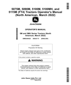 John Deere 5075M, 5090M, 5100M, 5100MH, 5115M (FT4) Tractors (North American) Operator's Manual (OMSU64425)