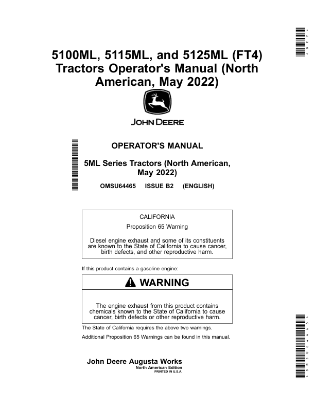 John Deere 5100ML, 5115ML, 5125ML (FT4) Tractors (May 2022-) (North American) Operator's Manual (OMSU64465)