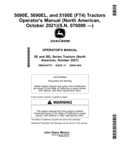 John Deere 5090E, 5090EL, 5100E (FT4) Tractors (October 2021-) (070000-). (North American) Operator's Manual (OMSU64779)