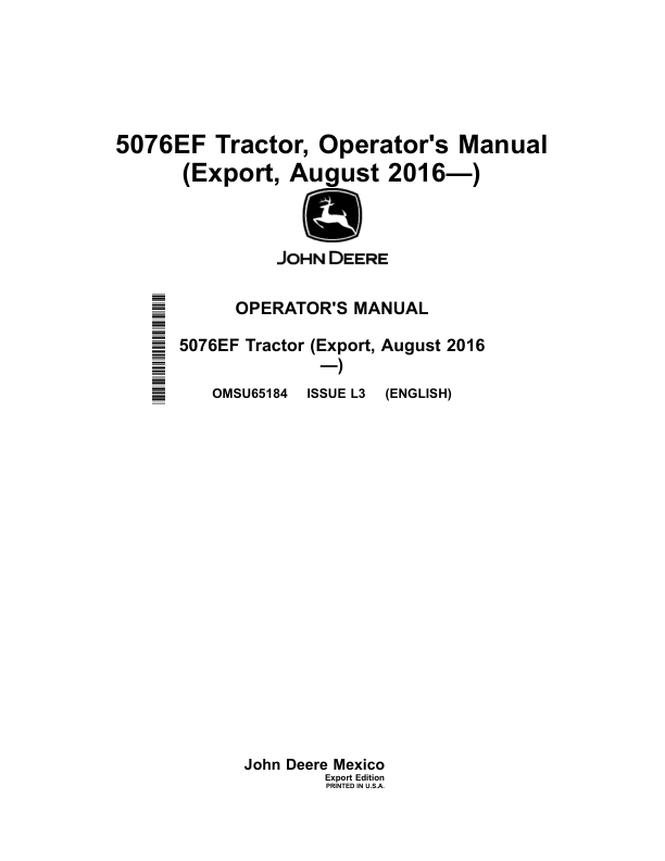John Deere 5076EF Tractor (August 2016-) (Export Edition) Operator's Manual (OMSU65184)
