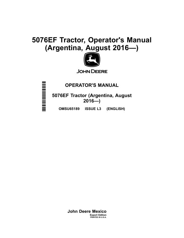 John Deere 5076EF Tractor (Argentina, August 2016-) (Export Edition) Operator's Manual (OMSU65189)