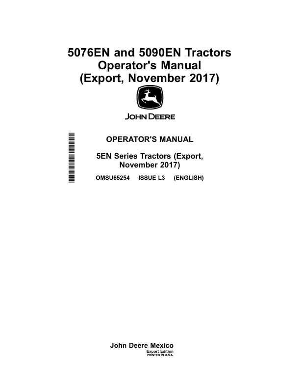 John Deere 5076EN, 5090EN Tractors (November 2017-) (Export Edition) Operator's Manual (OMSU65254)