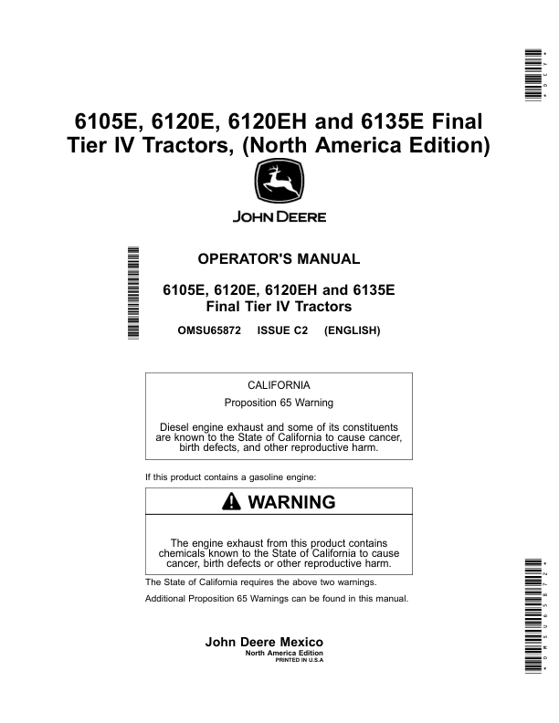 John Deere 6105E, 6120E, 6120EH, 6135E Final Tier IV Tractors (North America Edition) Operator's Manual (OMSU65872)