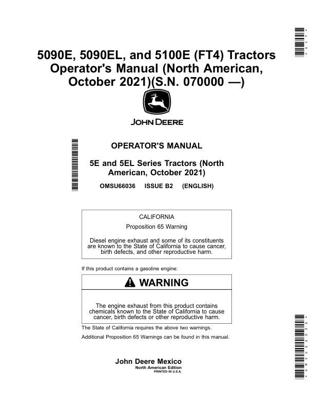 John Deere 5090E, 5090EL, 5100E (FT4) Tractors (October 2021-) (070000-) (North American) Operator's Manual (OMSU66036)