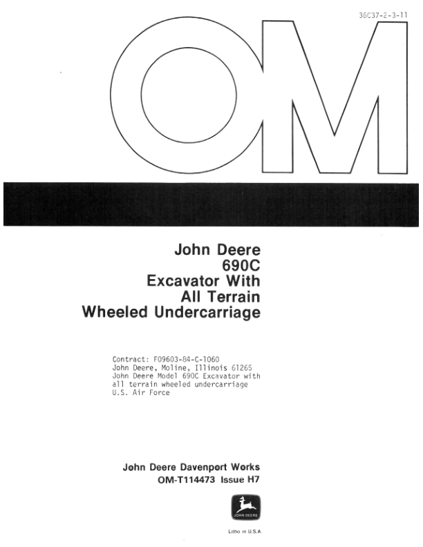 John Deere 690CR Excavators Operator's Manuals (OMT114473)