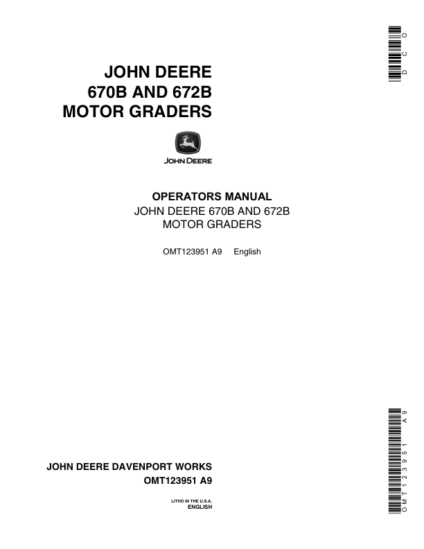 John Deere 670B, 672B Motor Graders Operator's Manuals (OMT123951)