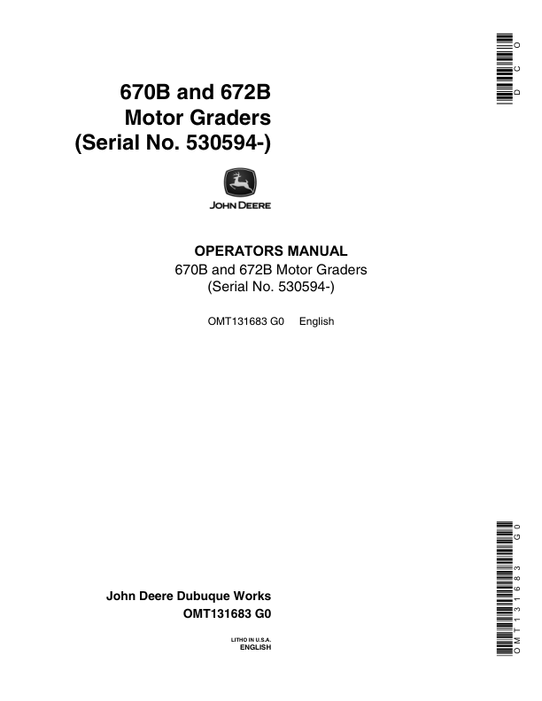 John Deere 670B, 672B Motor Graders Operator's Manuals (OMT131683)