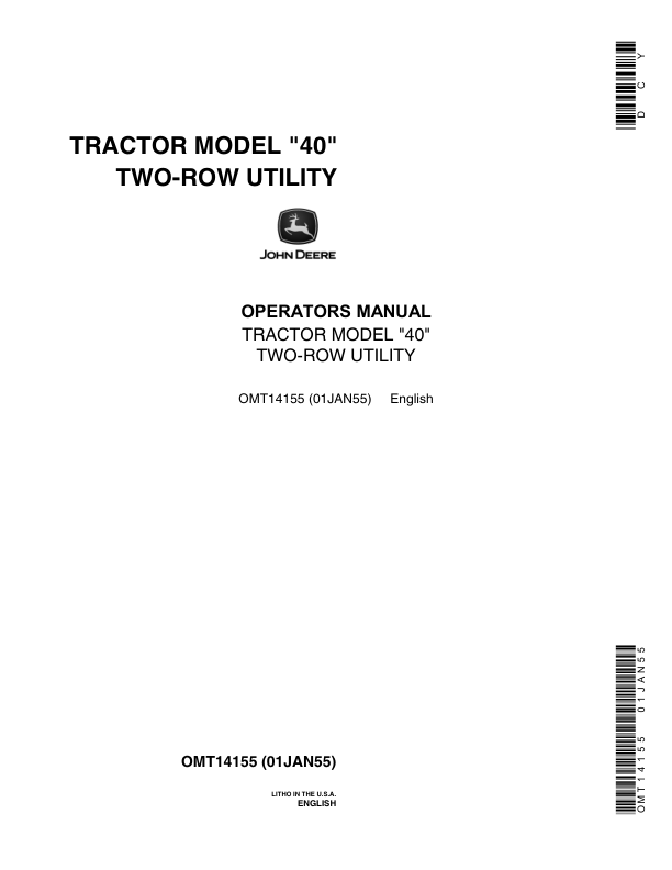 John Deere 40 Two-Row Utility Tractor (Supplement to 40 Tricycle Tractor) Operator's Manual (OMT14155)
