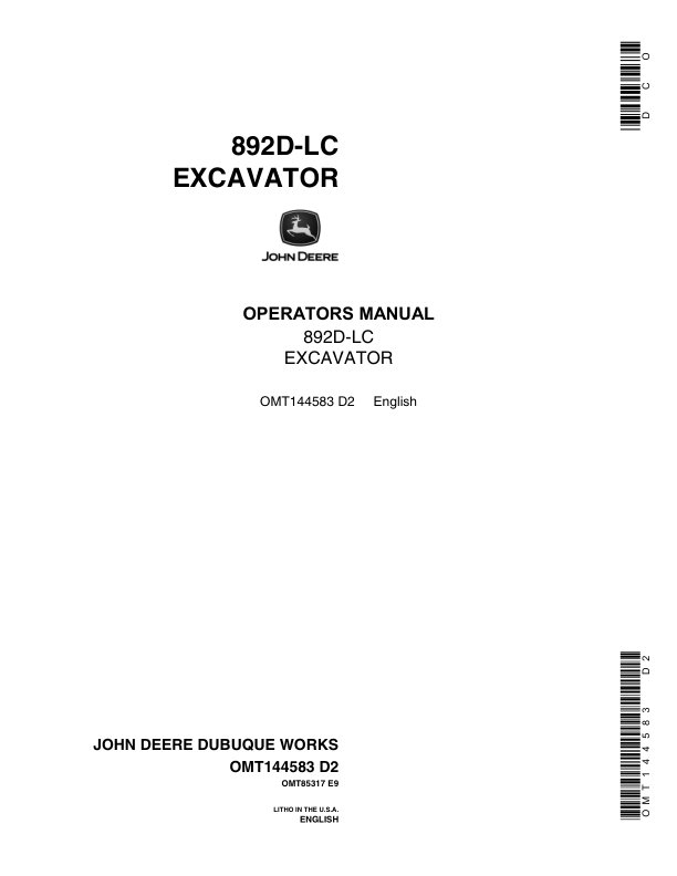 John Deere 892DLC Excavators Operator's Manuals (OMT144583)