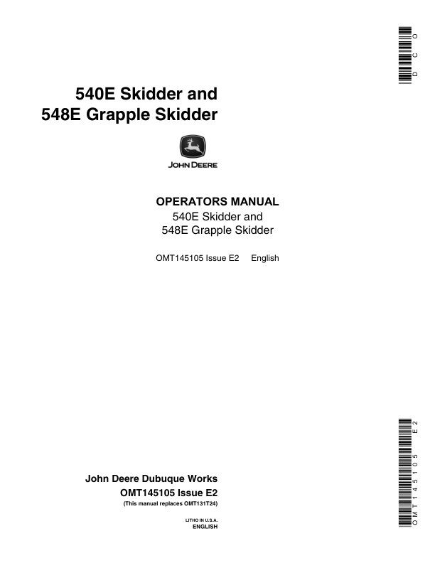 John Deere 540E, 548E Skidders Operator's Manuals (OMT145105)