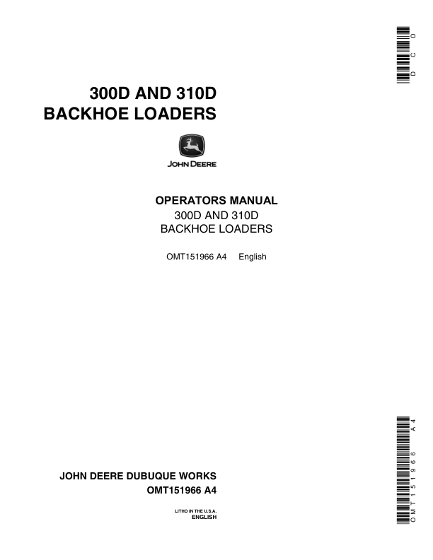 John Deere 300D, 310D Backhoes Operator's Manuals (OMT151966)