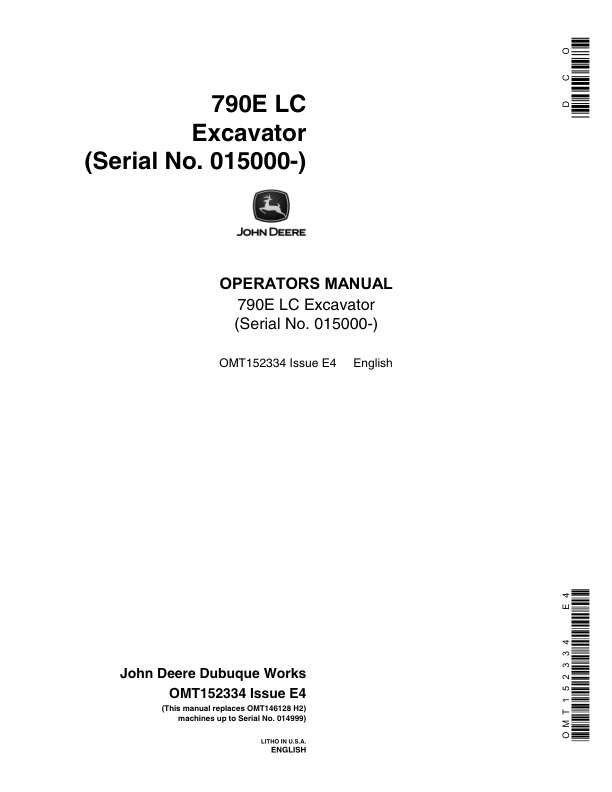 John Deere 790ELC Excavators Operator's Manuals (OMT152334)