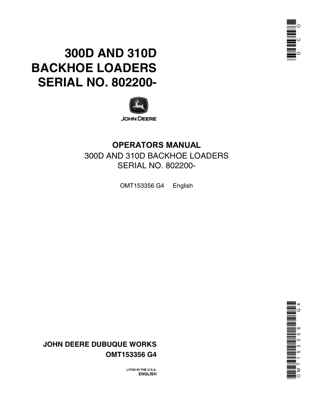 John Deere 300D, 310D Backhoes Operator's Manuals (OMT153356)