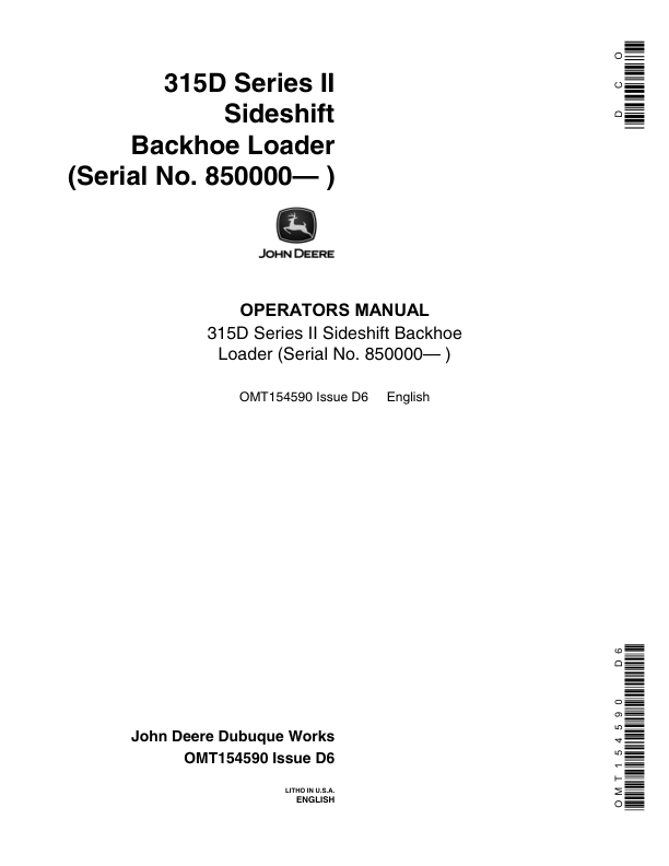 John Deere 315DII Backhoes Operator's Manuals (OMT154590)