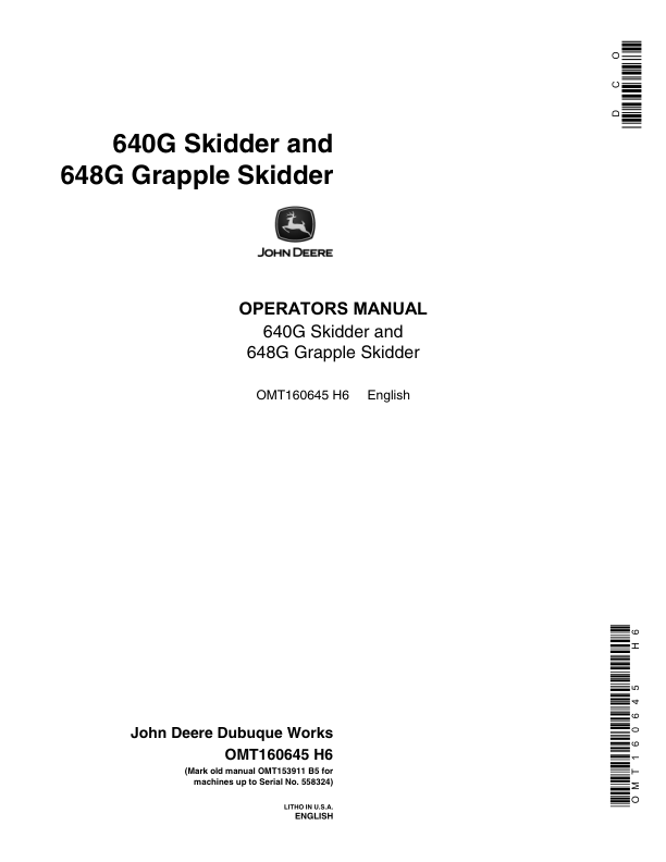 John Deere 640G, 648G Skidders Operator's Manuals (OMT160645)