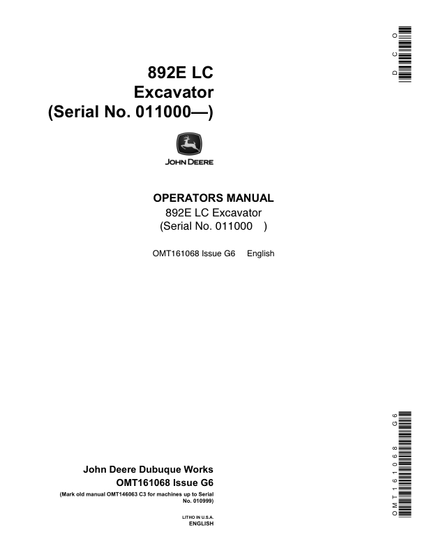 John Deere 892ELC Excavators Operator's Manuals (OMT161068)