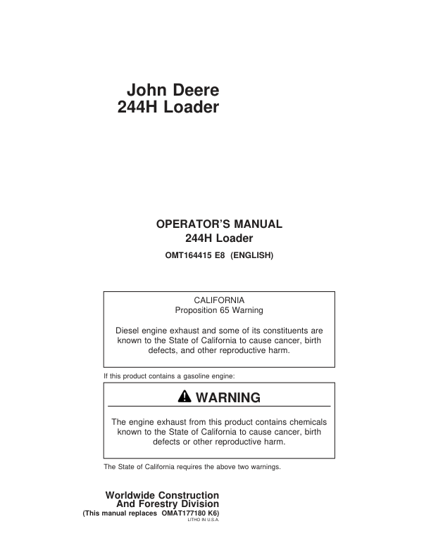 John Deere 244H Loaders Operator's Manuals (OMT164415)