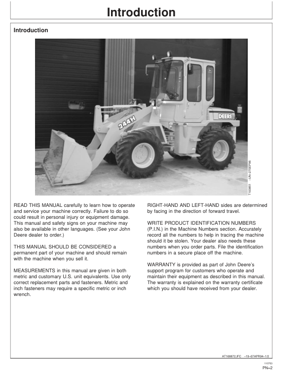 John Deere 244H Loaders Operator's Manuals (OMT164415) - Image 2